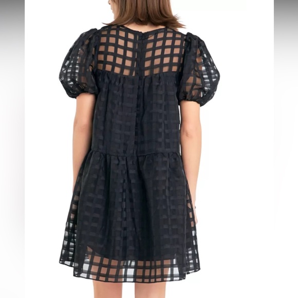 English Factory | Black Gridded Organza Puff Sleeve Mini Party Dress- Small EUC - Picture 2 of 5